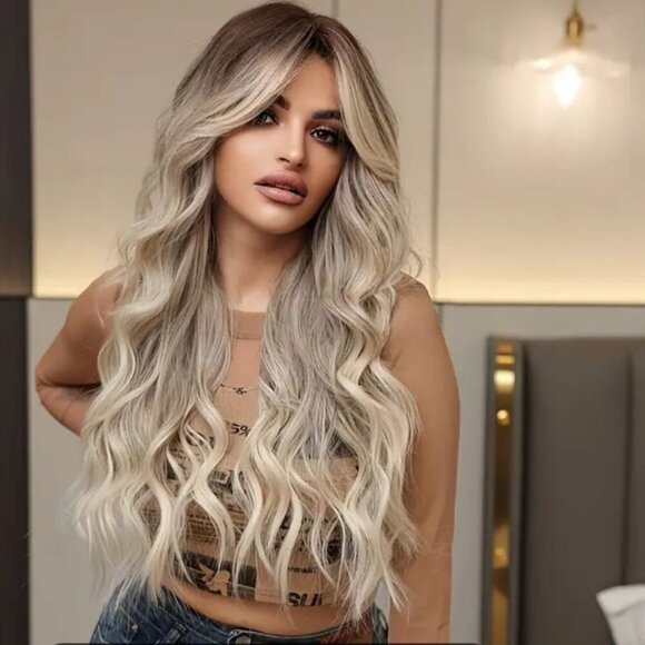 NWT 26" Ombre Blonde Long Wavy Curly Hair Wig %130 Density with Rose Net Cap - Picture 3 of 16